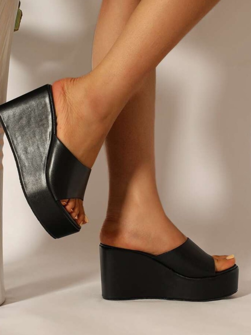 Black Platform Slide Wedges - Women